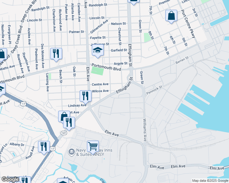 map of restaurants, bars, coffee shops, grocery stores, and more near 905 Wilcox Avenue in Portsmouth