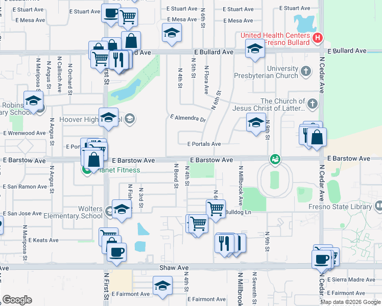 map of restaurants, bars, coffee shops, grocery stores, and more near 1316 East Barstow Avenue in Fresno