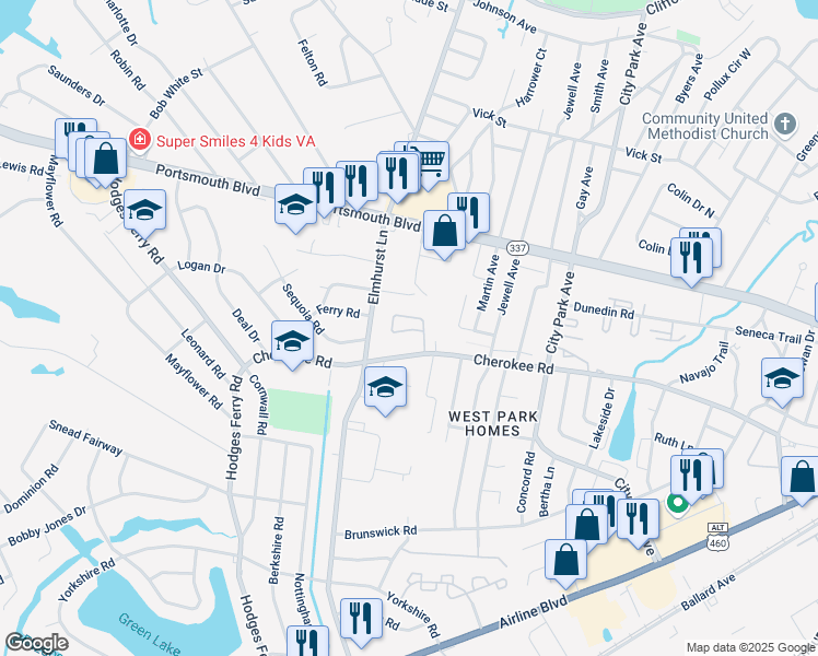 map of restaurants, bars, coffee shops, grocery stores, and more near 1000 Cherokee Road in Portsmouth