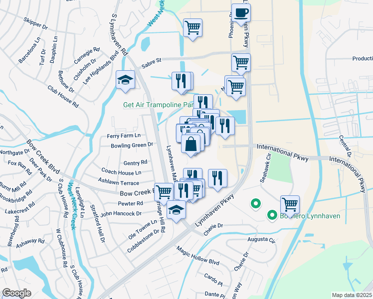 map of restaurants, bars, coffee shops, grocery stores, and more near 701 Lynnhaven Parkway in Virginia Beach
