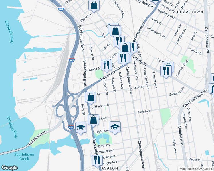 map of restaurants, bars, coffee shops, grocery stores, and more near 1123 Decatur Street in Chesapeake