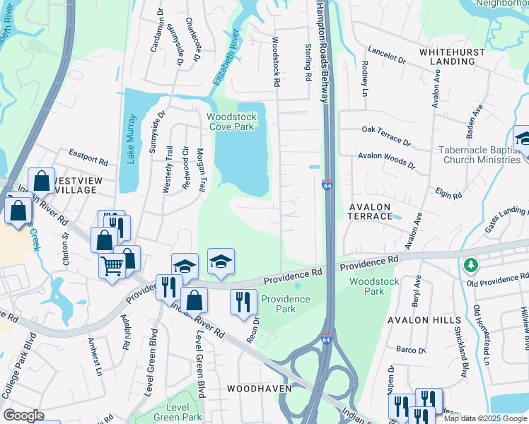map of restaurants, bars, coffee shops, grocery stores, and more near 5909 Woodstock Court in Virginia Beach