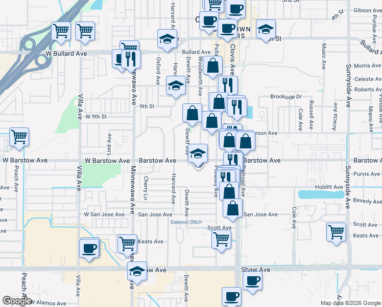 map of restaurants, bars, coffee shops, grocery stores, and more near 1153 Dewitt Avenue in Clovis
