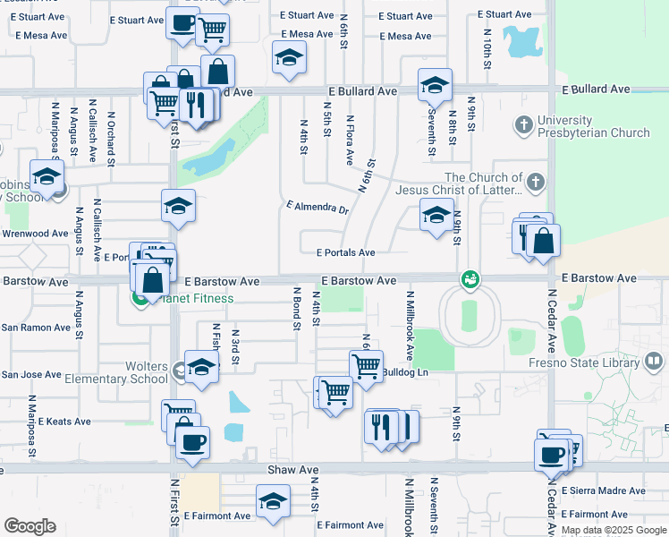 map of restaurants, bars, coffee shops, grocery stores, and more near 1338 East Barstow Avenue in Fresno