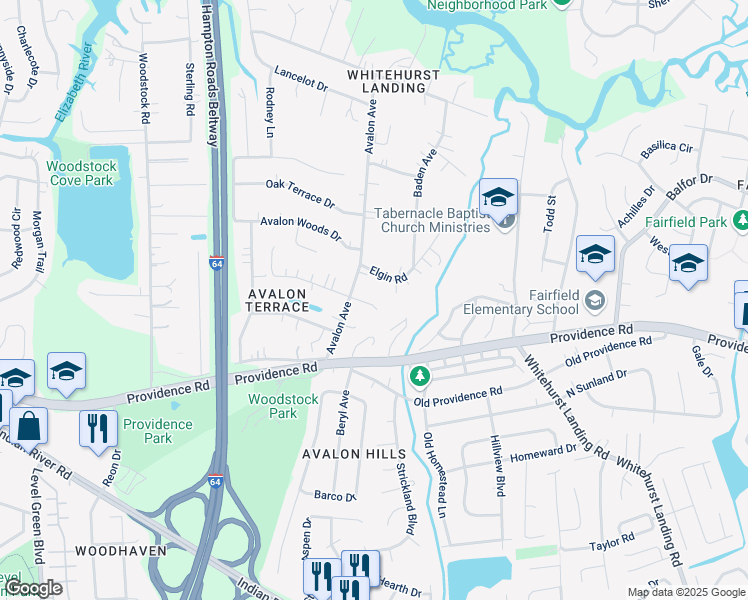 map of restaurants, bars, coffee shops, grocery stores, and more near 5608 Ranger Court in Virginia Beach