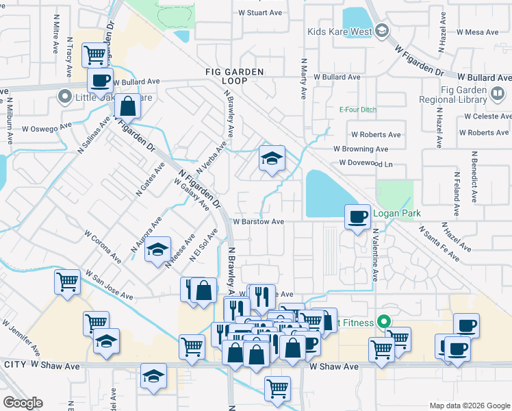 map of restaurants, bars, coffee shops, grocery stores, and more near 3700 West Barstow Avenue in Fresno