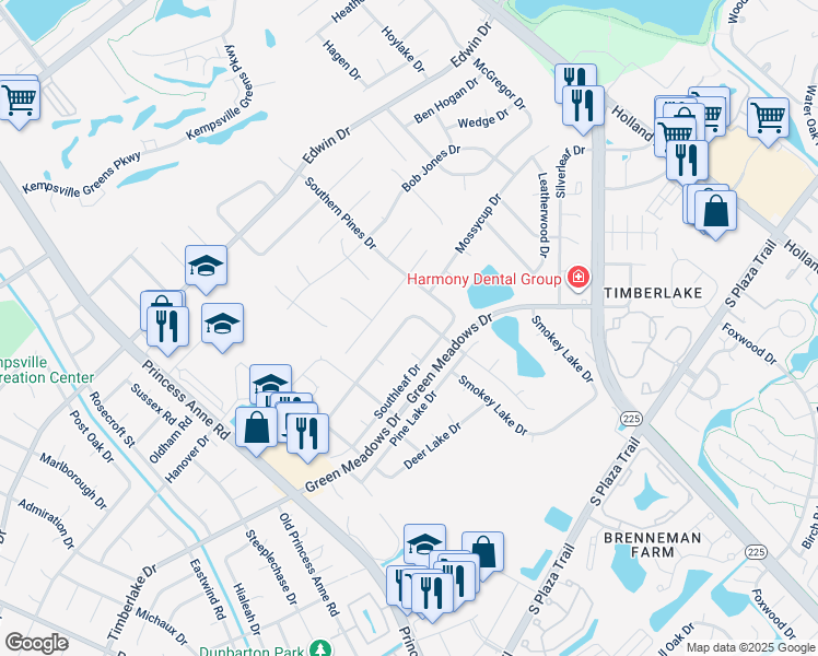 map of restaurants, bars, coffee shops, grocery stores, and more near 728 Pinebrook Drive in Virginia Beach