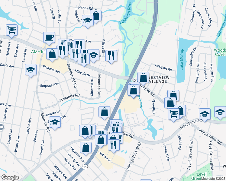 map of restaurants, bars, coffee shops, grocery stores, and more near 1141 Leland Circle in Virginia Beach