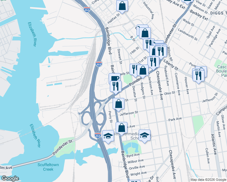 map of restaurants, bars, coffee shops, grocery stores, and more near in Chesapeake