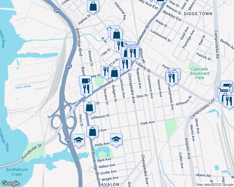 map of restaurants, bars, coffee shops, grocery stores, and more near 1125 Rodgers Street in Chesapeake