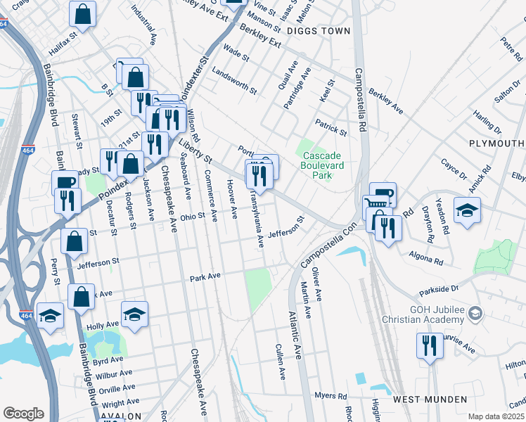 map of restaurants, bars, coffee shops, grocery stores, and more near 1201 Transylvania Avenue in Chesapeake