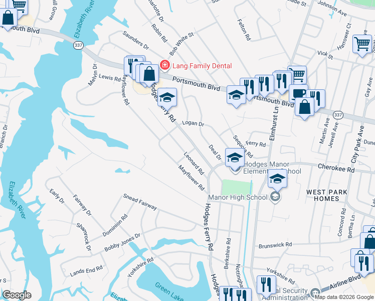 map of restaurants, bars, coffee shops, grocery stores, and more near 1320 Hodges Ferry Road in Portsmouth