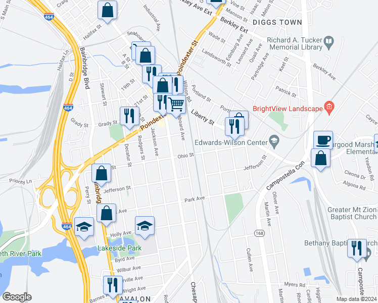 map of restaurants, bars, coffee shops, grocery stores, and more near 1135 Seaboard Avenue in Chesapeake