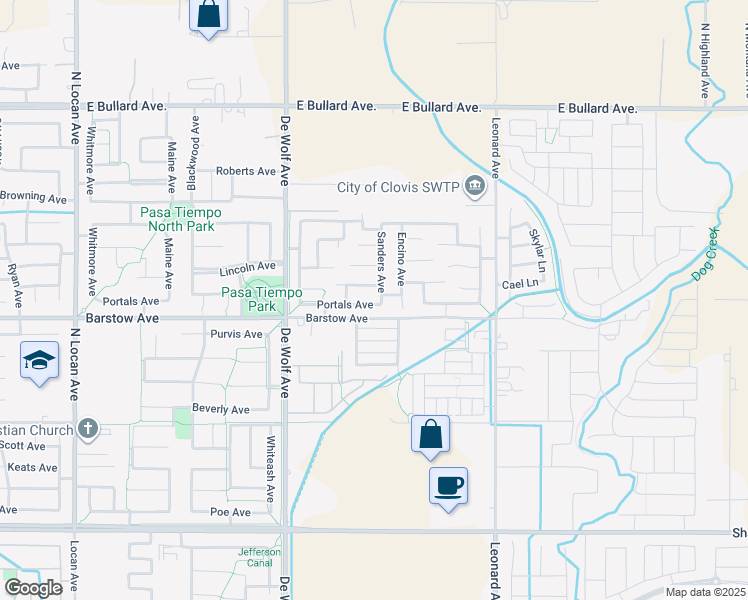 map of restaurants, bars, coffee shops, grocery stores, and more near 1165 Sanders Avenue in Clovis