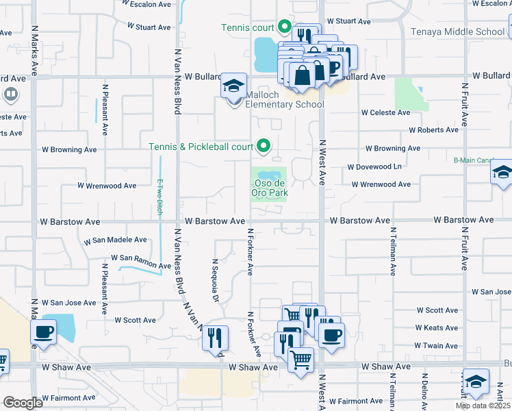 map of restaurants, bars, coffee shops, grocery stores, and more near 5420 North Forkner Avenue in Fresno