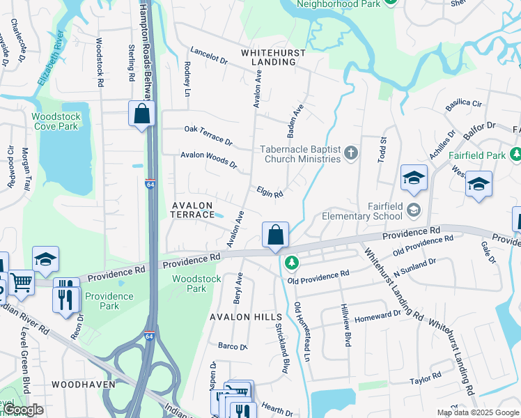 map of restaurants, bars, coffee shops, grocery stores, and more near 5608 Ranger Court in Virginia Beach