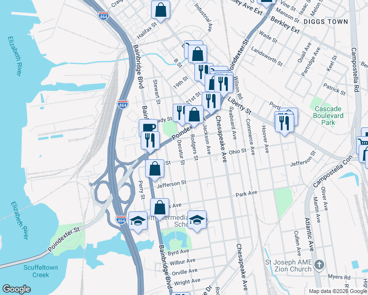 map of restaurants, bars, coffee shops, grocery stores, and more near 1134 Rodgers Street in Chesapeake