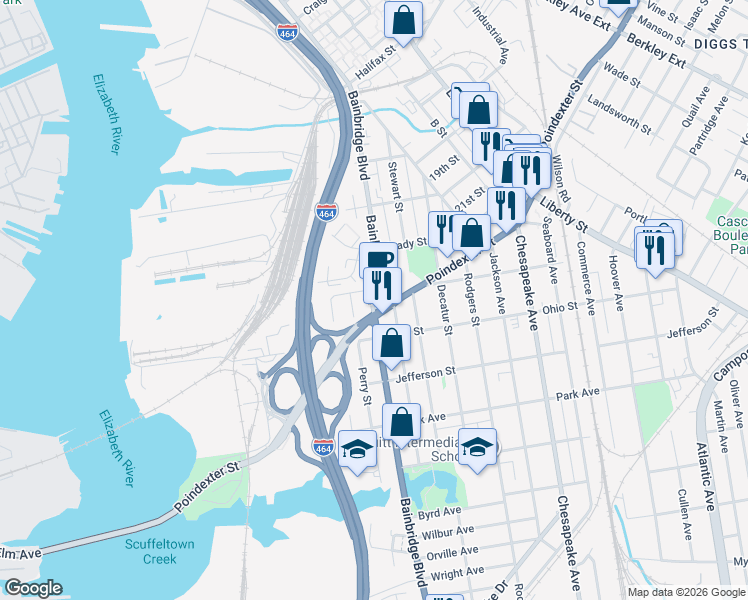 map of restaurants, bars, coffee shops, grocery stores, and more near in Chesapeake