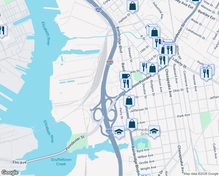 map of restaurants, bars, coffee shops, grocery stores, and more near 1116 Porter Street in Chesapeake