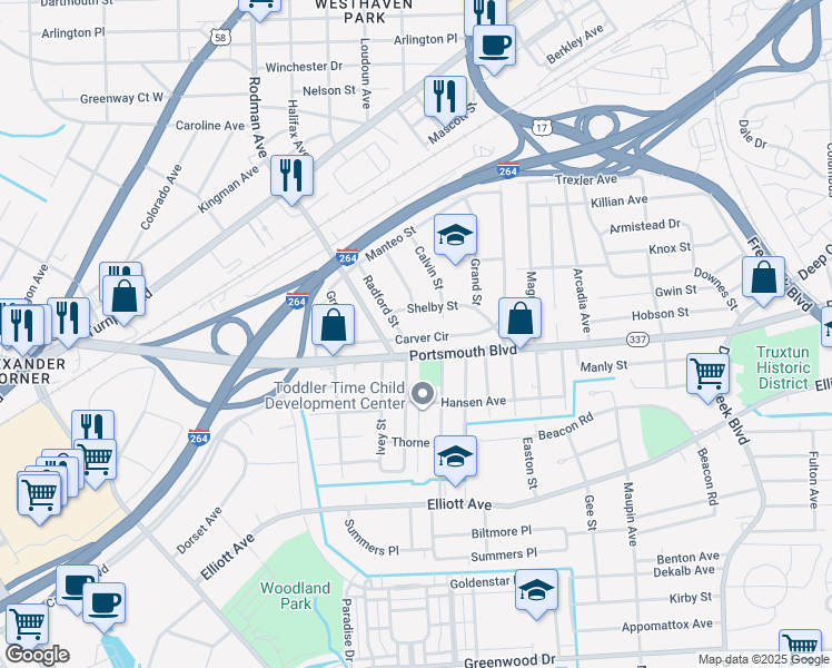 map of restaurants, bars, coffee shops, grocery stores, and more near 49 Carver Circle in Portsmouth