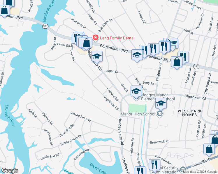 map of restaurants, bars, coffee shops, grocery stores, and more near 1320 Hodges Ferry Road in Portsmouth