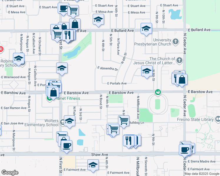 map of restaurants, bars, coffee shops, grocery stores, and more near 1338 East Barstow Avenue in Fresno