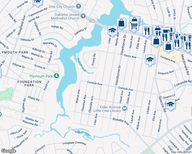 map of restaurants, bars, coffee shops, grocery stores, and more near Oleander Avenue in Chesapeake