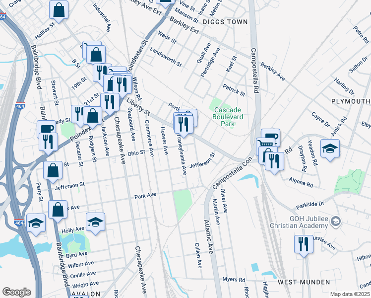 map of restaurants, bars, coffee shops, grocery stores, and more near 1201 Transylvania Avenue in Chesapeake