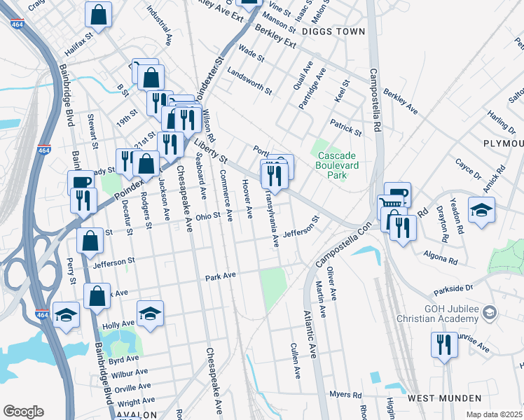 map of restaurants, bars, coffee shops, grocery stores, and more near 1712 Ohio Street in Chesapeake