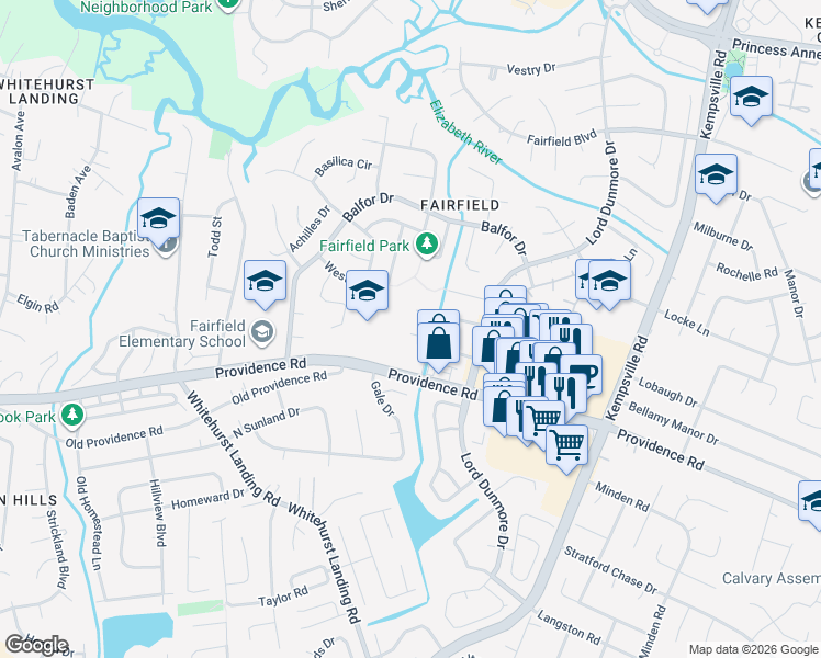 map of restaurants, bars, coffee shops, grocery stores, and more near 5205 Walton Court in Virginia Beach