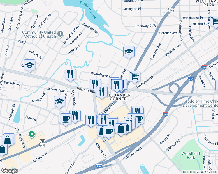 map of restaurants, bars, coffee shops, grocery stores, and more near 107 Oregon Avenue in Portsmouth