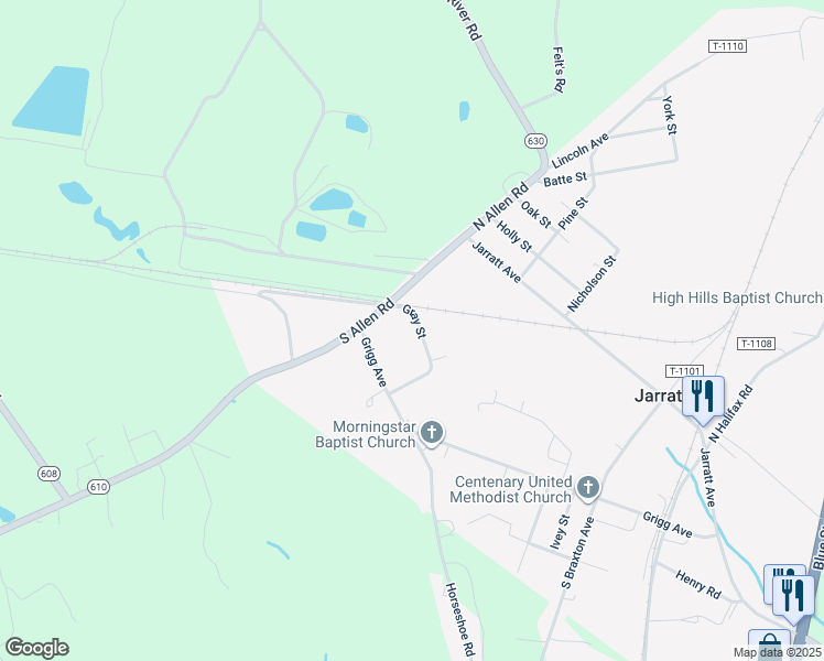 map of restaurants, bars, coffee shops, grocery stores, and more near 407 Gray Street in Jarratt