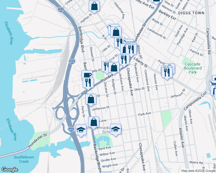 map of restaurants, bars, coffee shops, grocery stores, and more near 1134 Rodgers Street in Chesapeake
