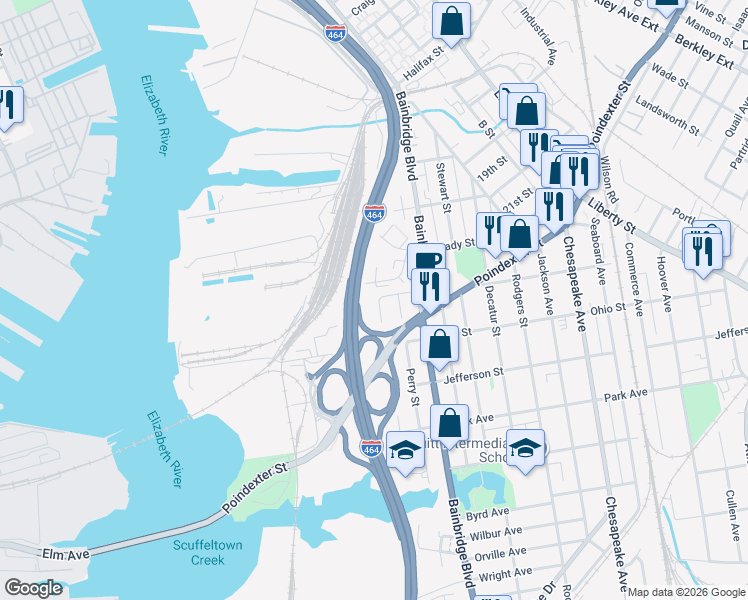 map of restaurants, bars, coffee shops, grocery stores, and more near 1116 Porter Street in Chesapeake