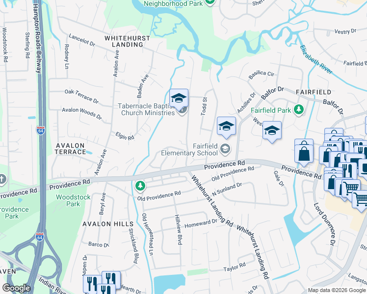 map of restaurants, bars, coffee shops, grocery stores, and more near 765 Whitehurst Landing Road in Virginia Beach