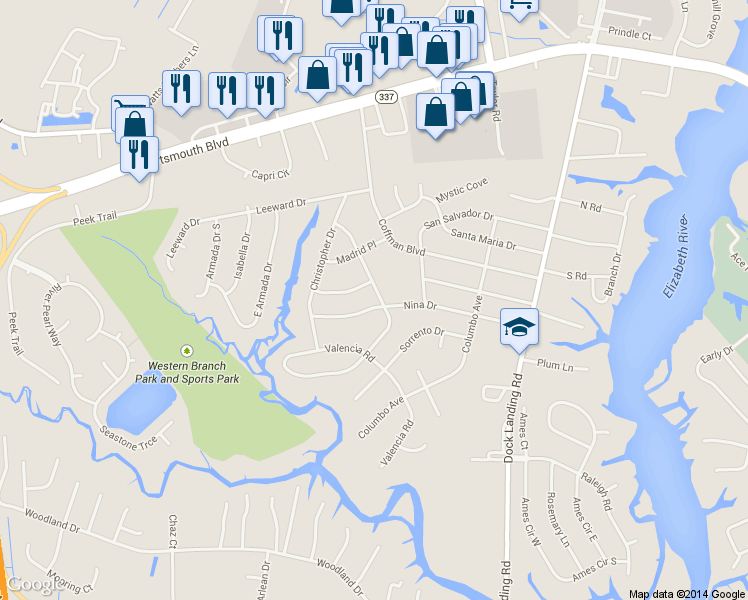 map of restaurants, bars, coffee shops, grocery stores, and more near 2100 Lisbon Road in Chesapeake