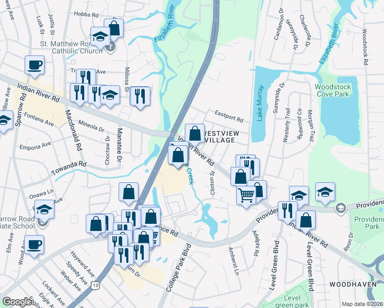map of restaurants, bars, coffee shops, grocery stores, and more near 6353 Indian River Road in Virginia Beach