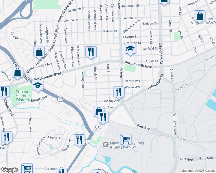 map of restaurants, bars, coffee shops, grocery stores, and more near 414 Oak Street in Portsmouth