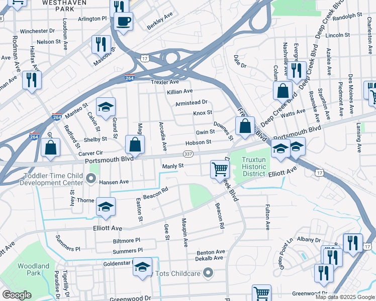 map of restaurants, bars, coffee shops, grocery stores, and more near 2611 Portsmouth Boulevard in Portsmouth