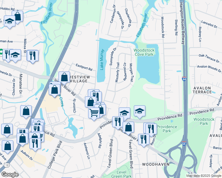 map of restaurants, bars, coffee shops, grocery stores, and more near 805 Morgan Trail in Virginia Beach