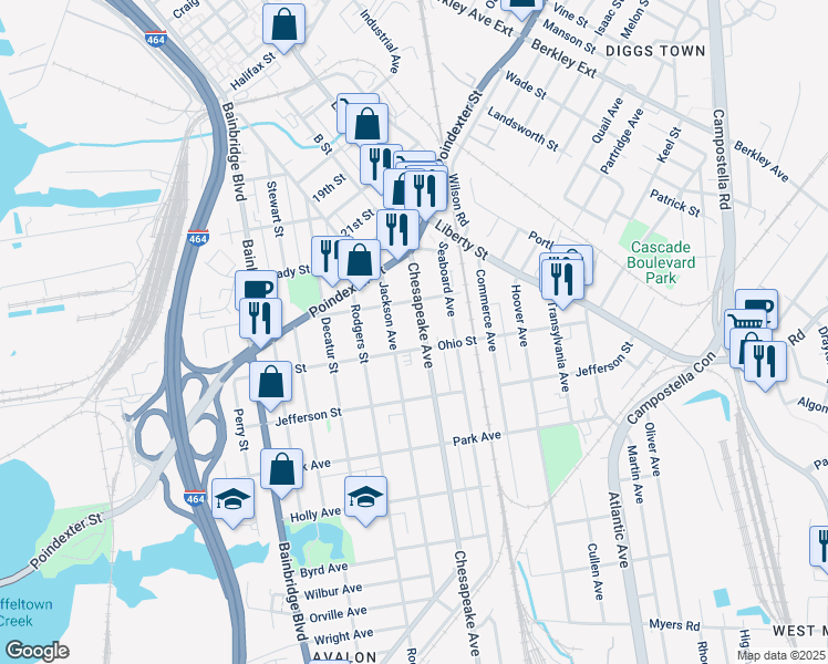 map of restaurants, bars, coffee shops, grocery stores, and more near 1130 Chesapeake Avenue in Chesapeake