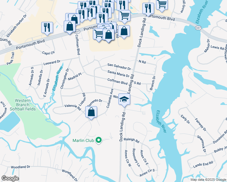 map of restaurants, bars, coffee shops, grocery stores, and more near 4021 Pinta Drive in Chesapeake