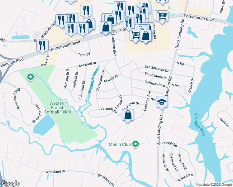 map of restaurants, bars, coffee shops, grocery stores, and more near 2100 Lisbon Road in Chesapeake