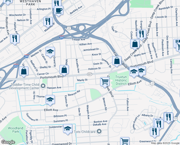 map of restaurants, bars, coffee shops, grocery stores, and more near 2611 Portsmouth Boulevard in Portsmouth