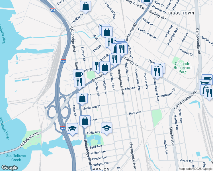 map of restaurants, bars, coffee shops, grocery stores, and more near 1121 Rodgers Street in Chesapeake