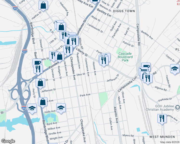 map of restaurants, bars, coffee shops, grocery stores, and more near 1205 Commerce Avenue in Chesapeake