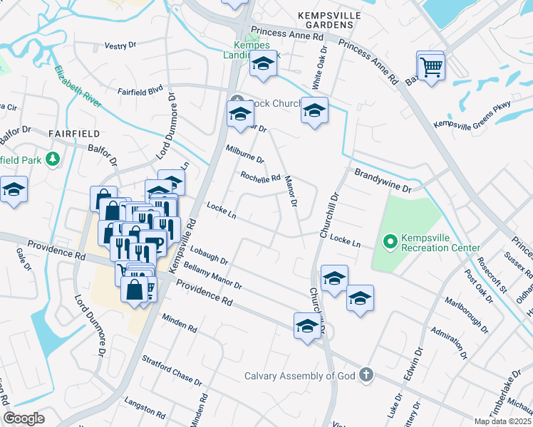 map of restaurants, bars, coffee shops, grocery stores, and more near 5108 Locke Lane in Virginia Beach