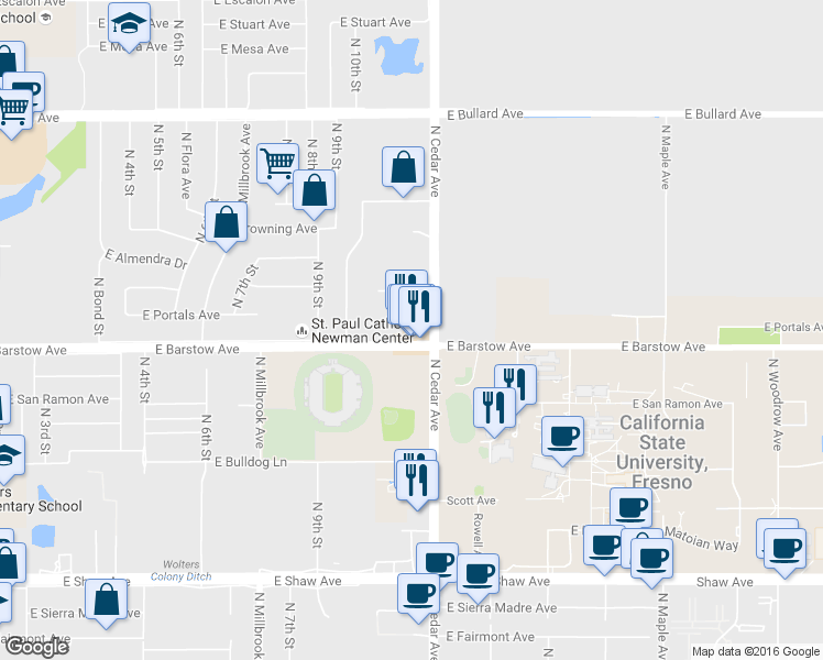 map of restaurants, bars, coffee shops, grocery stores, and more near 1764 E Barstow Ave in Fresno