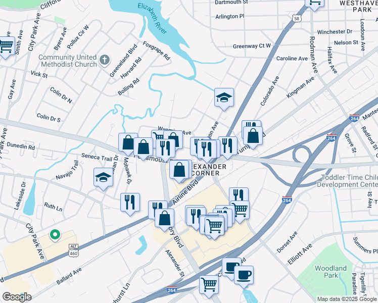 map of restaurants, bars, coffee shops, grocery stores, and more near 107 Oregon Avenue in Portsmouth