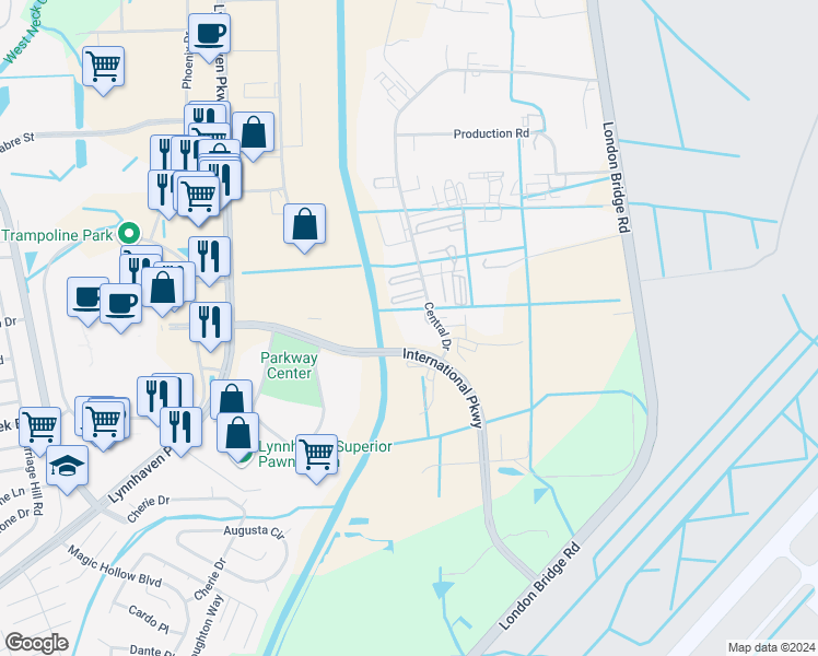 map of restaurants, bars, coffee shops, grocery stores, and more near 601 Central Drive in Virginia Beach